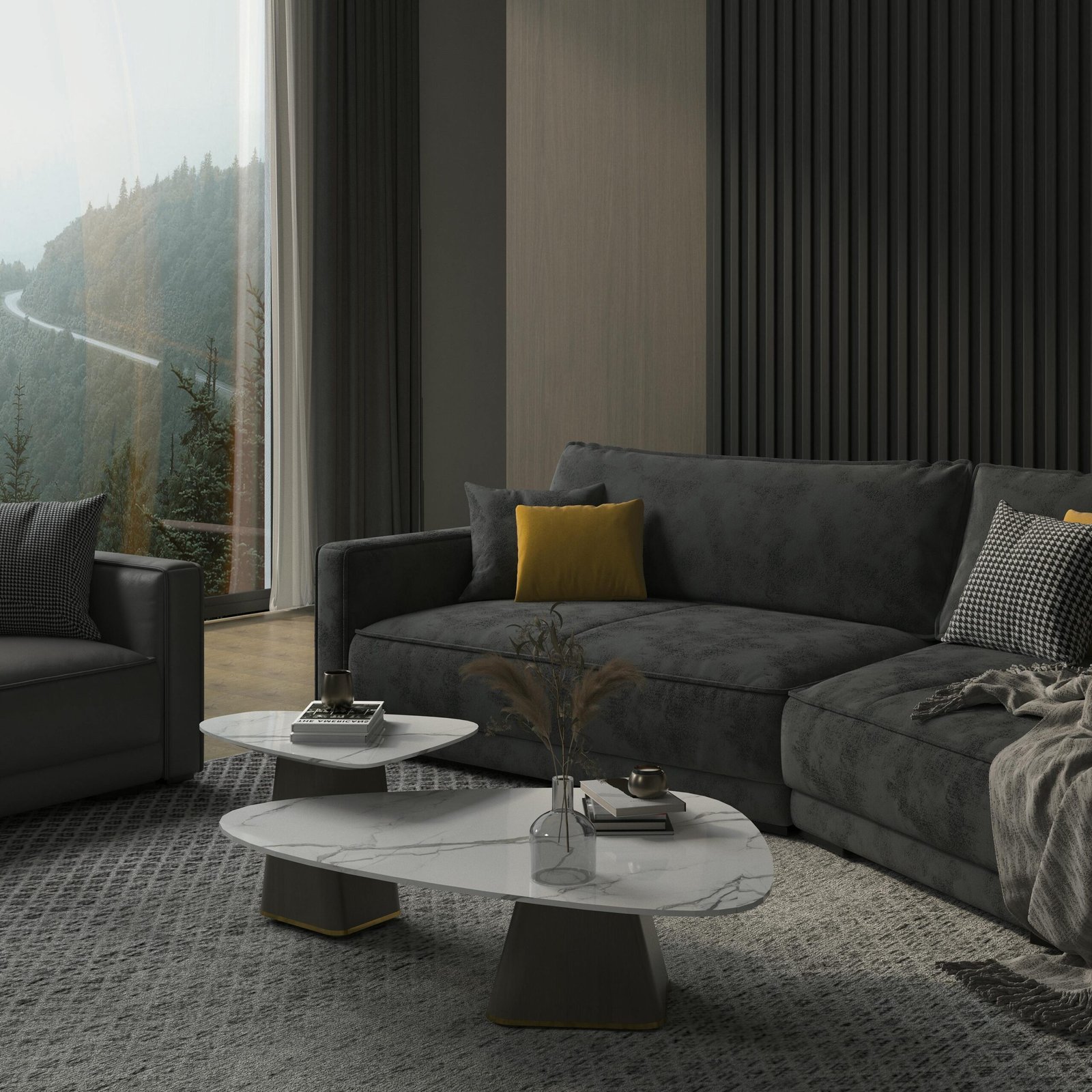 Sophisticated living room featuring elegant furniture and a scenic outdoor view in London, UK.