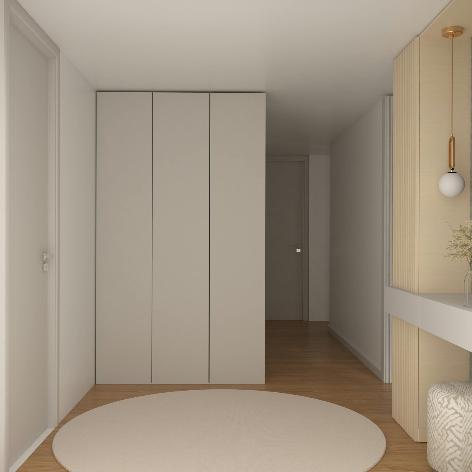 Elegant hallway interior with minimalist design, featuring neutral tones and modern decor.